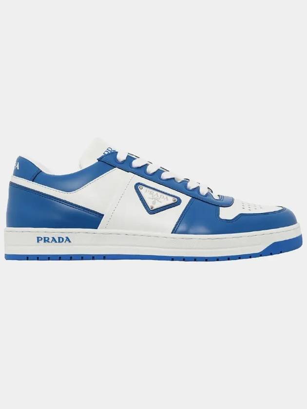 Men's Downtown Triangle Logo Leather Low Top Sneakers White Cobalt Blue - PRADA - BALAAN 3