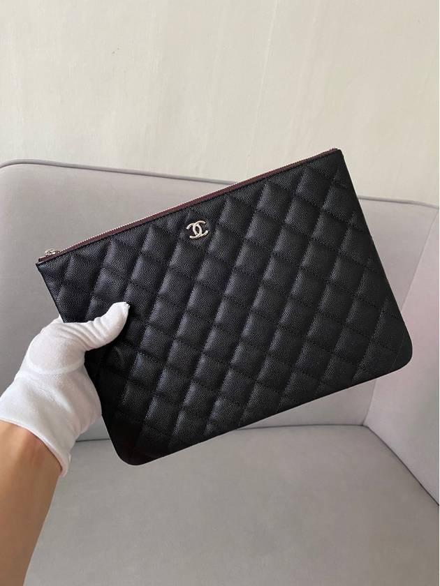 Medium Classic Clutch Bag Caviar Leather & Silver Black - CHANEL - BALAAN 9