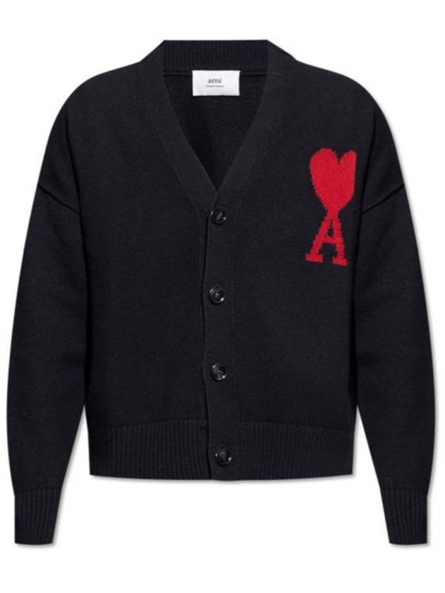 Heart Logo V Neck Wool Cardigan Black - AMI - BALAAN 3