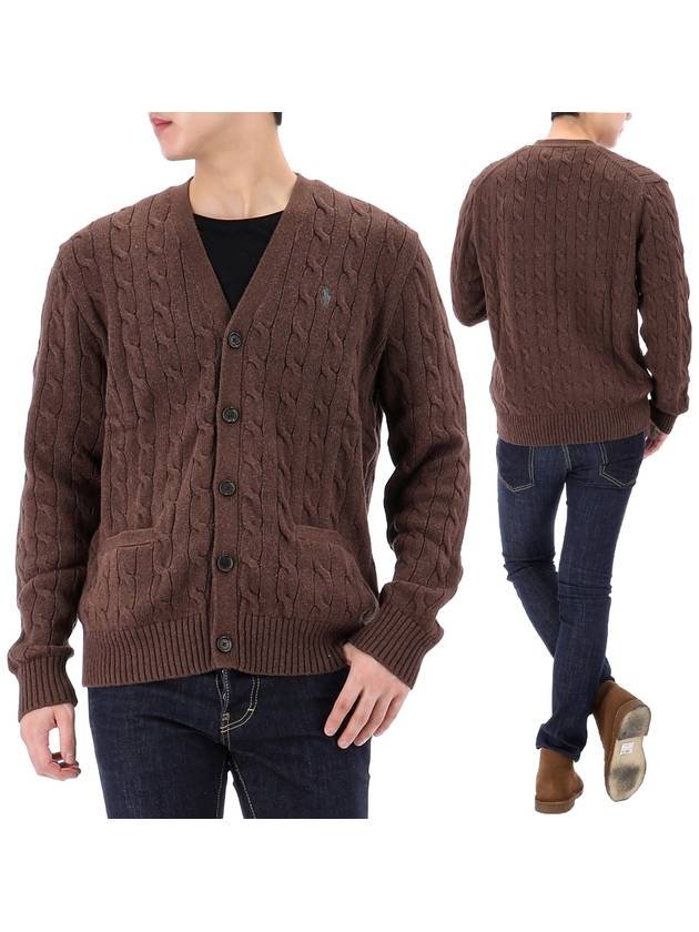 Pony Logo Cable Knit Cardigan Brown - POLO RALPH LAUREN - BALAAN 2