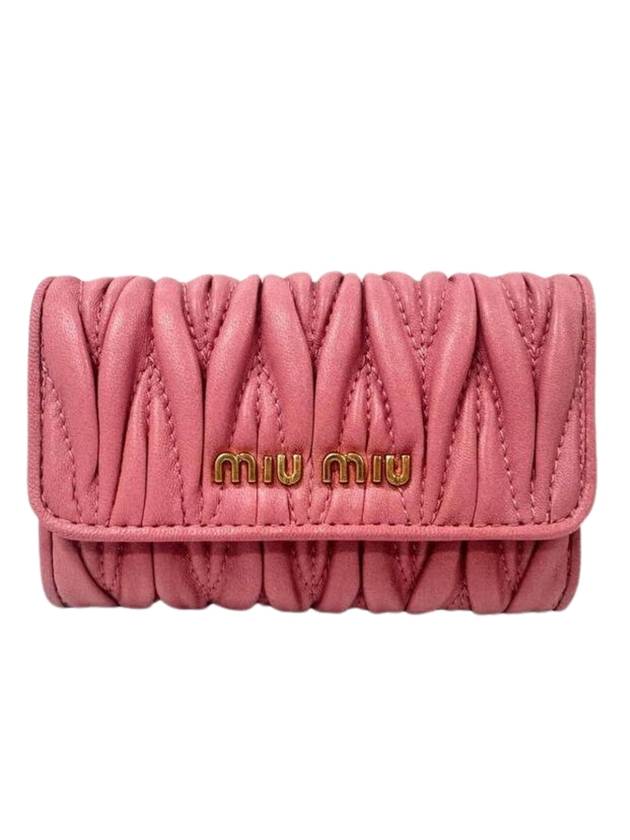 Gold Logo Plaque Matelasse Leather Key Holder Pink - MIU MIU - BALAAN 1