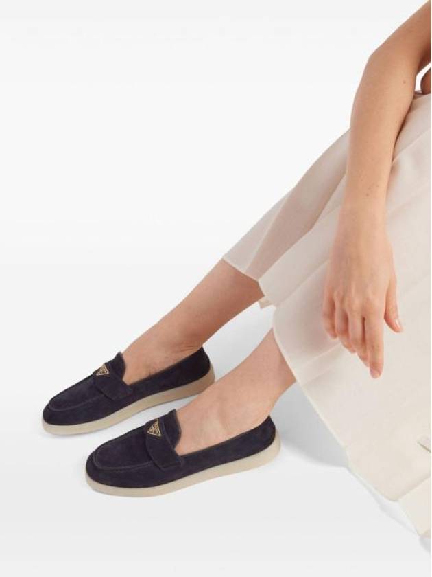 Triangle Logo Suede Leather Loafers Blue - PRADA - BALAAN 4