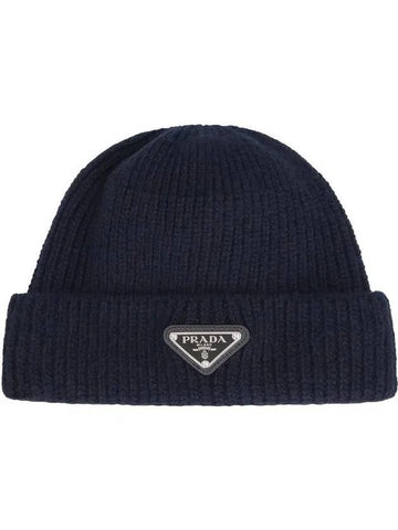 triangle logo wool cashmere beanie navy - PRADA - BALAAN 1