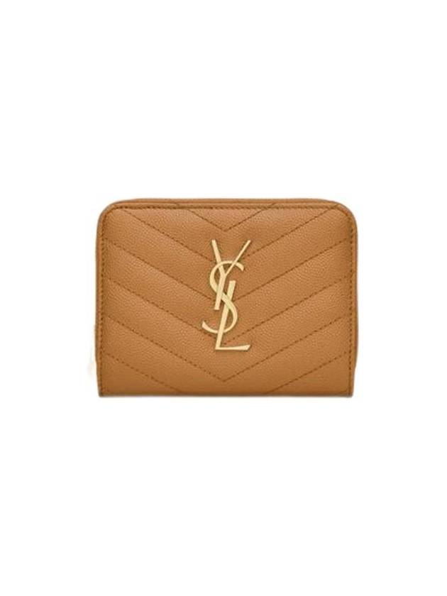 Monogram Zipper Grained Leather Half Wallet Dark Natural - SAINT LAURENT - BALAAN 1