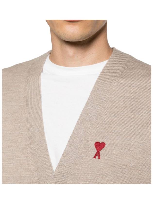 Red Heart Logo Merino Wool Cardigan Beige - AMI - BALAAN 6