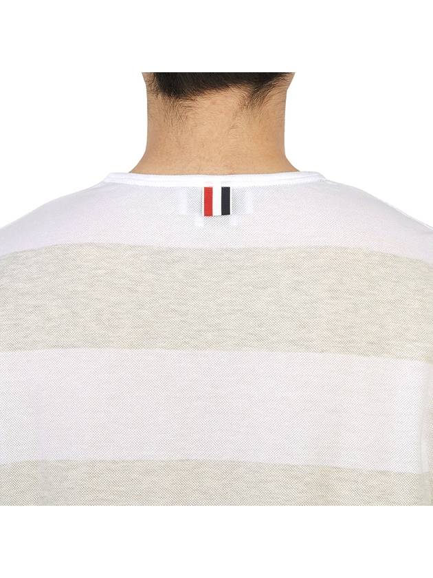 Men's Rugby Striped Pick Pocket Short Sleeve T-Shirt Pale Grey White - THOM BROWNE - BALAAN 8