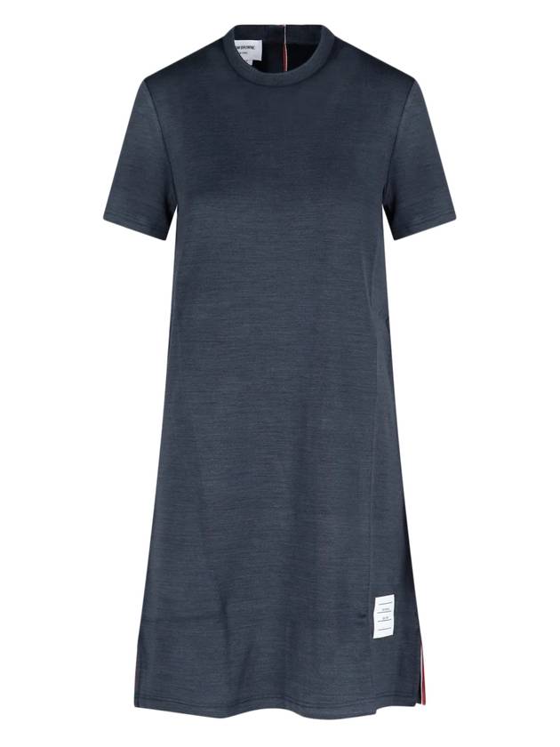 Women's Bag Flower Button Silk Cotton Short Sleeve Dress Navy - THOM BROWNE - BALAAN 1