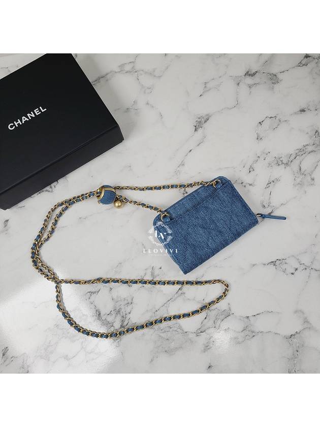 gold ball chain zipper card wallet denim - CHANEL - BALAAN 3