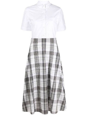 Women's Check A-Line Oxford Midi Dress White Grey - THOM BROWNE - BALAAN 1