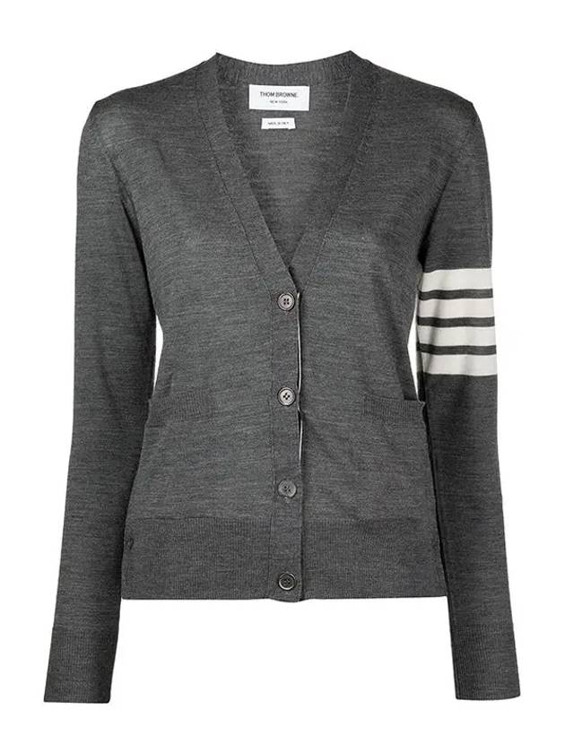 Sustainable Fine Merino Wool 4-Bar Relaxed Fit V-Neck Cardigan Medium Grey - THOM BROWNE - BALAAN 2