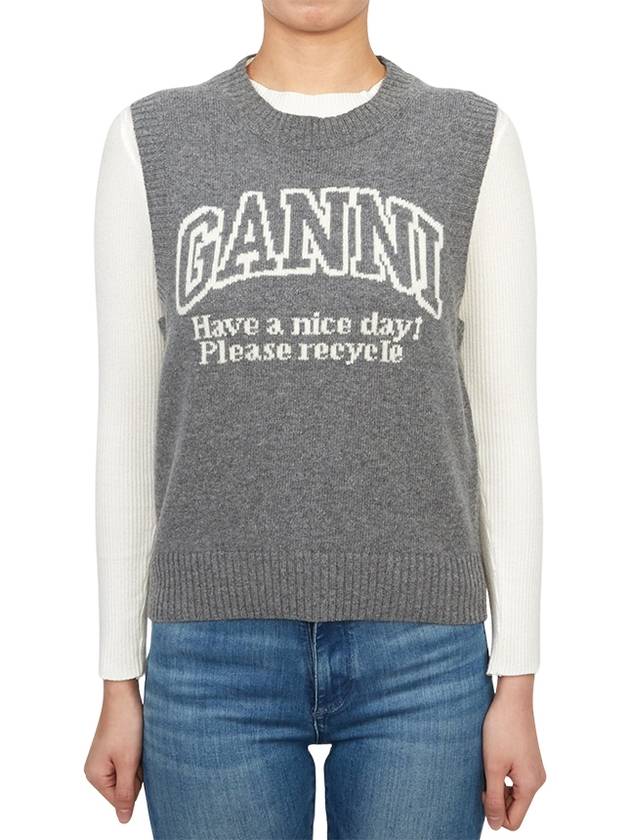 Logo Graphic Crew Neck Wool Knit Vest Grey - GANNI - BALAAN 2