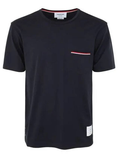 Men's Medium Weight Jersey Tipped Pocket Crewneck Short Short Sleeve T-Shirt Navy - THOM BROWNE - BALAAN 2