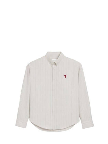 Small Heart Logo Stripe Boxy Fit Long Sleeve Shirt Ecru - AMI - BALAAN 1