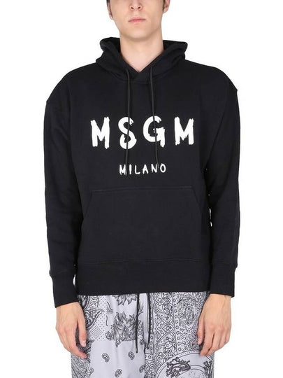 Brushed Logo Print Cotton Hoodie Black - MSGM - BALAAN 2