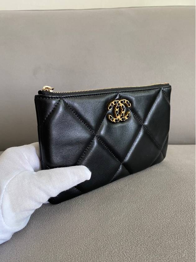 Nineteen Gold Logo Small Lambskin Pouch Bag Black - CHANEL - BALAAN 5