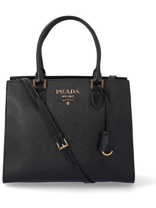 Saffiano Gold Square Leather Tote Bag Black - PRADA - BALAAN.