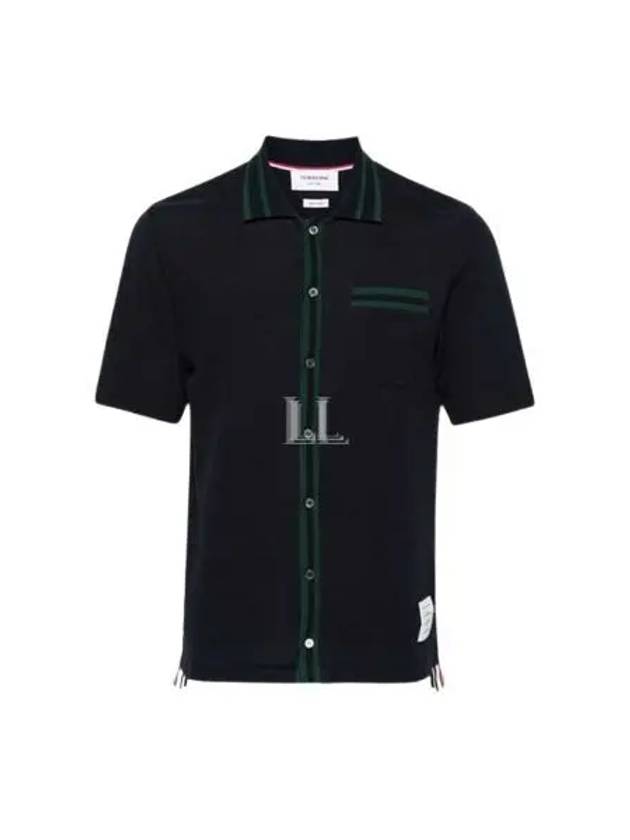 Pointelle Striped Racking Stitch Cotton Short Sleeve Shirt Navy - THOM BROWNE - BALAAN 2