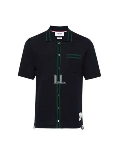 Pointelle Striped Racking Stitch Cotton Short Sleeve Shirt Navy - THOM BROWNE - BALAAN 2