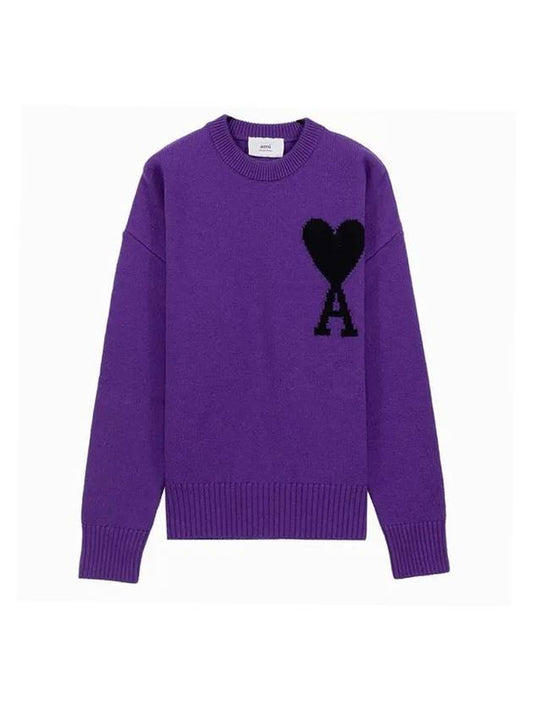 Big Heart Logo Wool Knit Top Purple Black - AMI - BALAAN 1