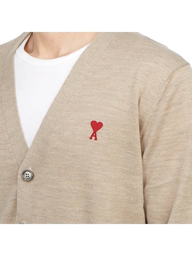 Red Heart Logo Merino Wool Cardigan Beige - AMI - BALAAN 7