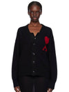 Intarsia Big Heart Logo Oversized Virgin Wool Cardigan Black - AMI - BALAAN 3