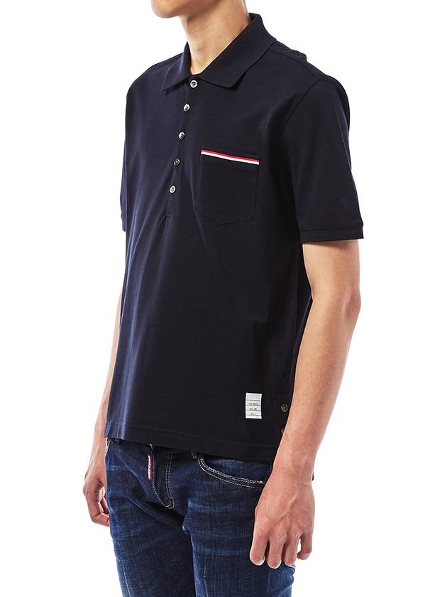 Men's Three Stripes Pocket Mercerized Short Sleeve Polo Shirt Navy - THOM BROWNE - BALAAN 3