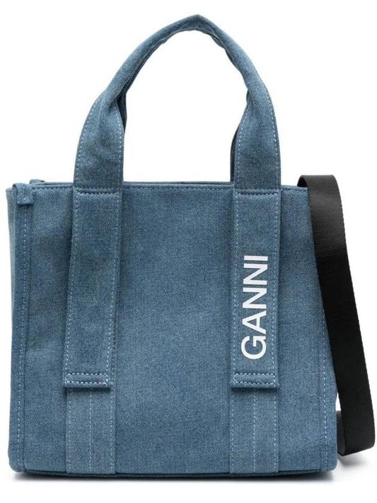 Recycle Tech Small Denim Tote Bag Blue - GANNI - BALAAN 1