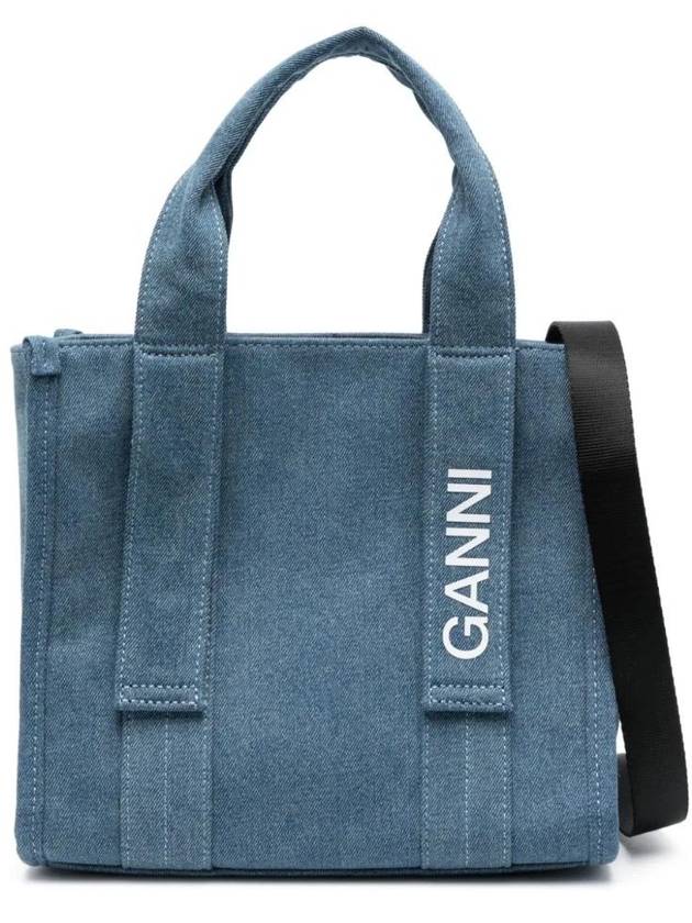 Recycle Tech Small Denim Tote Bag Blue - GANNI - BALAAN 1