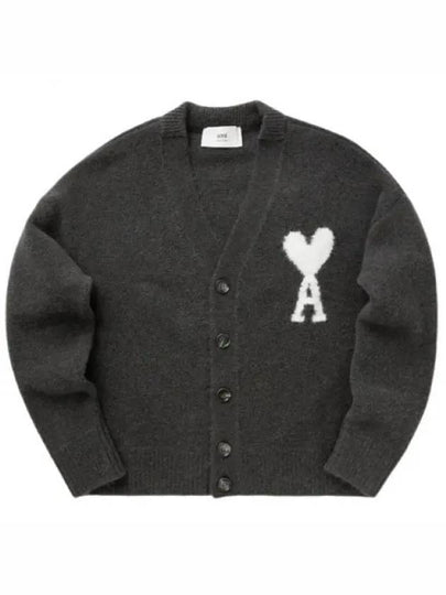 Intarsia Logo Knit Cardigan Dark Grey - AMI - BALAAN 2