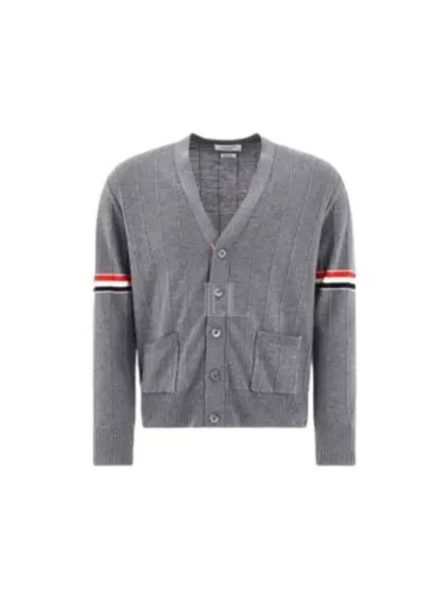 RWB V-neck Striped Virgin Wool Cardigan Grey - THOM BROWNE - BALAAN 2