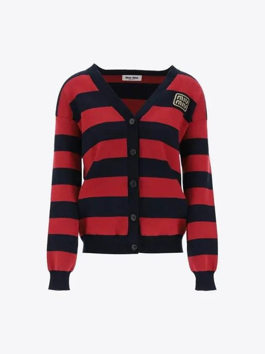 Logo Striped Cotton Knit Cardigan Blue Red - MIU MIU - BALAAN 2