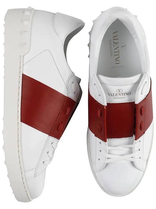 Men's Rockstude Open Leather Low Top Sneakers White Red - VALENTINO - BALAAN 3