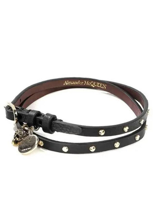 Hammered Gold Stud Skull Double Wrap Leather Bracelet Black - ALEXANDER MCQUEEN - BALAAN 2