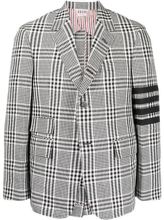 Men's Diagonal Check Linen Single Jacket Black - THOM BROWNE - BALAAN.