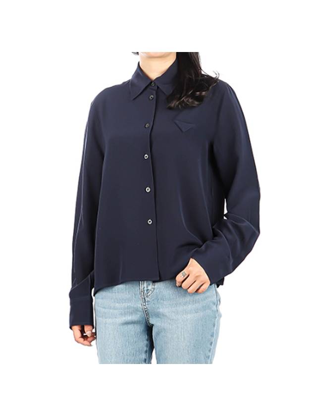Women's Triangular Logo Silk Long Sleeve Shirt Navy - PRADA - BALAAN.