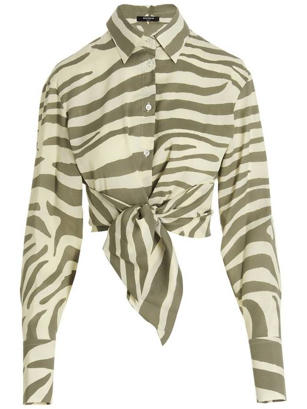 Zebra Print Cropped Long Sleeve Shirt Light Green - BALMAIN - BALAAN 2