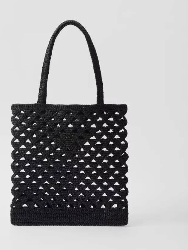 Woven Fabric Crochet Tote Bag Black - PRADA - BALAAN 3