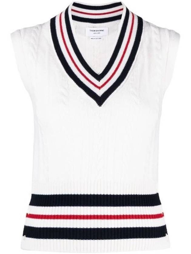 RWB Cable V Neck Cashmere Vest White - THOM BROWNE - BALAAN 2