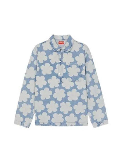 Poppy Print Denim Cotton Polo Shirt Blue - KENZO - BALAAN 2