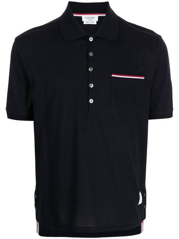 Men's Three Stripes Pocket Mercerized Short Sleeve Polo Shirt Navy - THOM BROWNE - BALAAN 1