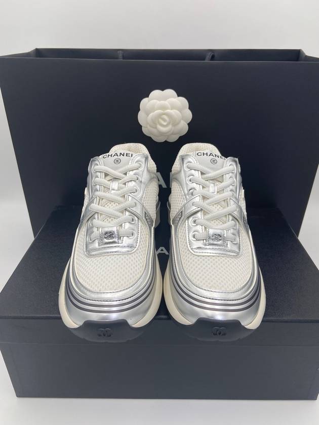 Fabric Laminated Low Top Sneakers Silver - CHANEL - BALAAN 3