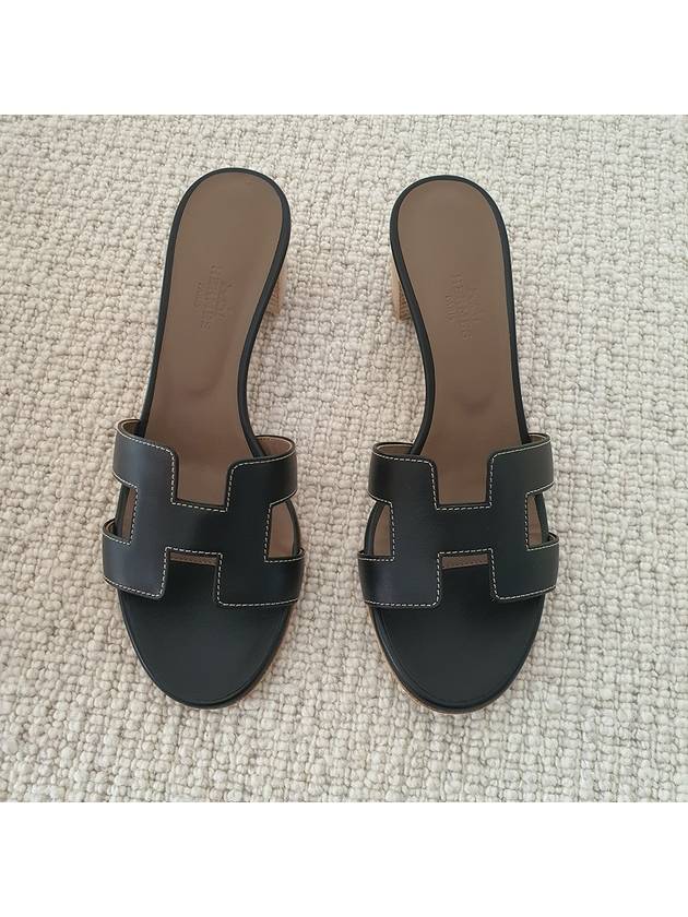 Oasis Calfskin Slipper Heels Noir Piqures Ecrues - HERMES - BALAAN 3