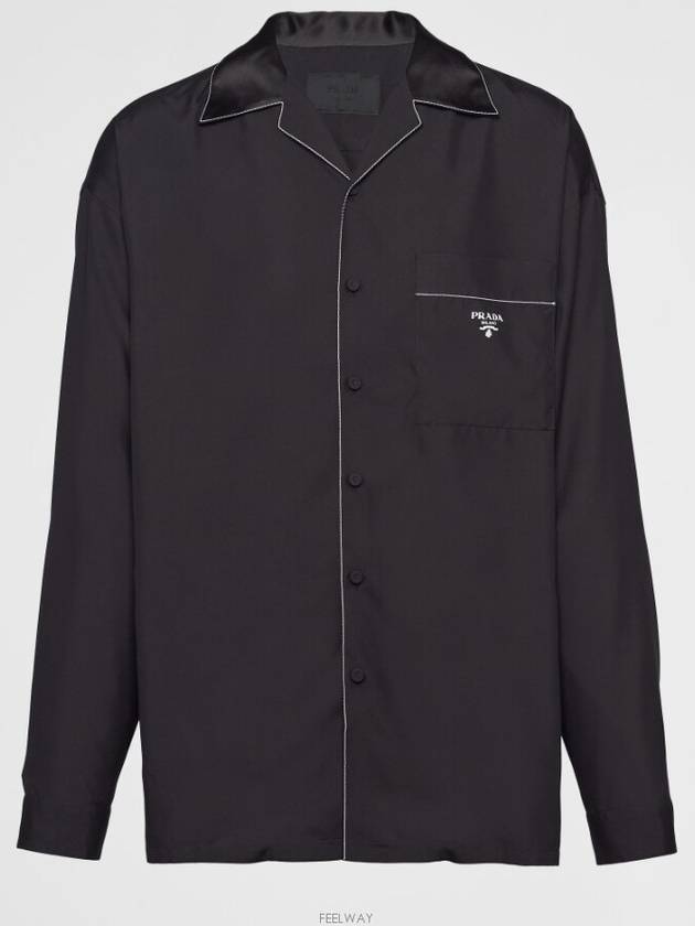 Embroidered Logo Pocket Silk Long Sleeve Shirt Black - PRADA - BALAAN 6