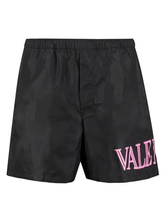 Men's Neon Logo Printing Nylon Swim Shorts Black - VALENTINO - BALAAN.