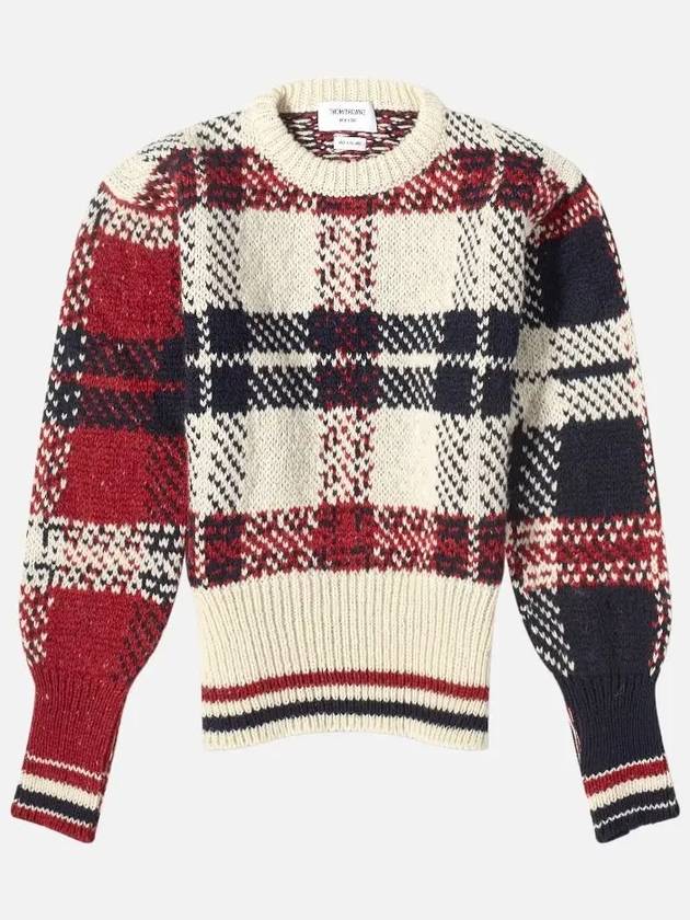 Tartan Check Jacquard Wool Mohair Knit Top Red Beige - THOM BROWNE - BALAAN 3