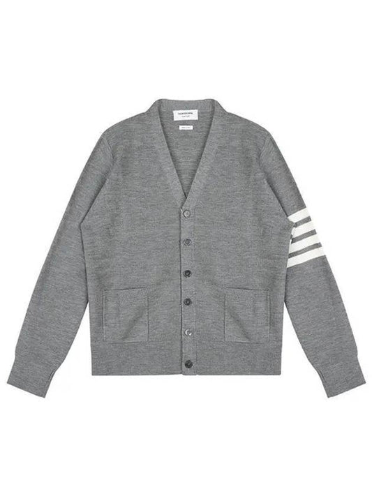 4-Bar Striped Waffle High V-Neck Cardigan Light Grey - THOM BROWNE - BALAAN 2