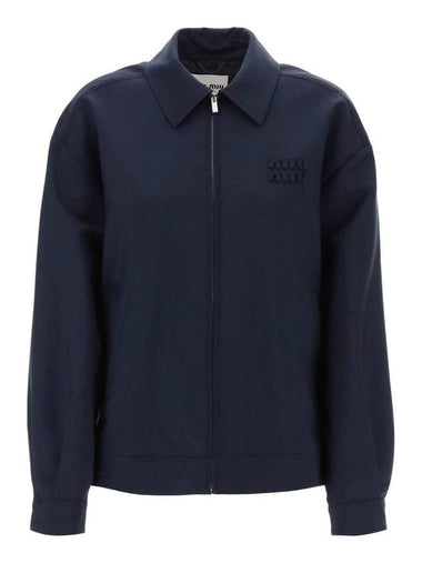 Mohair Embroidered Logo Wool Zip-up Jacket Navy - MIU MIU - BALAAN 1