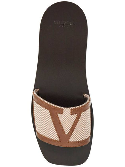 women's slippers in natural fabric and leather/tobacco with wide check pattern strap - VALENTINO - BALAAN 2