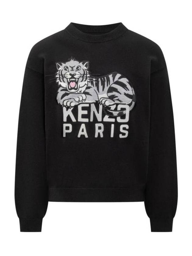 Happy Tiger Embroidery Crew Neck Knit Top Black - KENZO - BALAAN 2