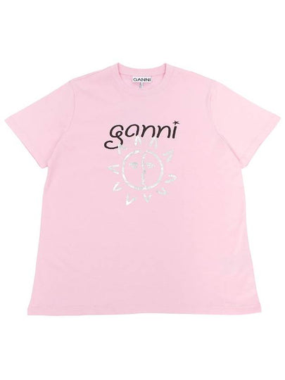 Logo Print Organic Cotton Short Sleeve T-Shirt Pink - GANNI - BALAAN 2